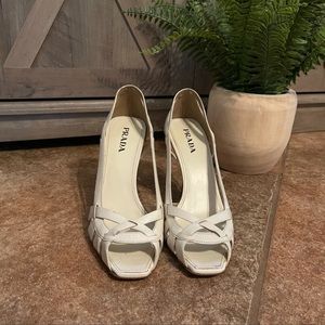 Prada Vintage White Leather Peep Toe Stacked Heels 38